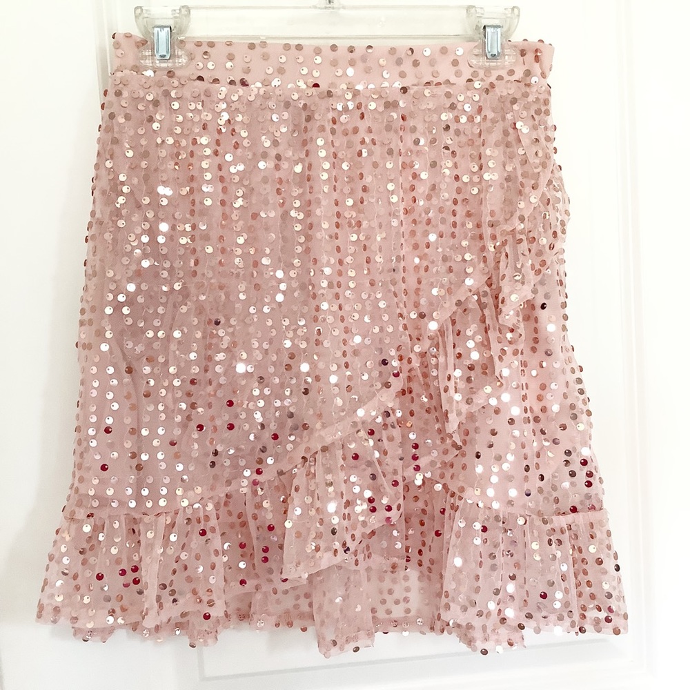 LC Lauren Conrad Pink Sequined Mini Lined Toole Skirt Size M Side Zip